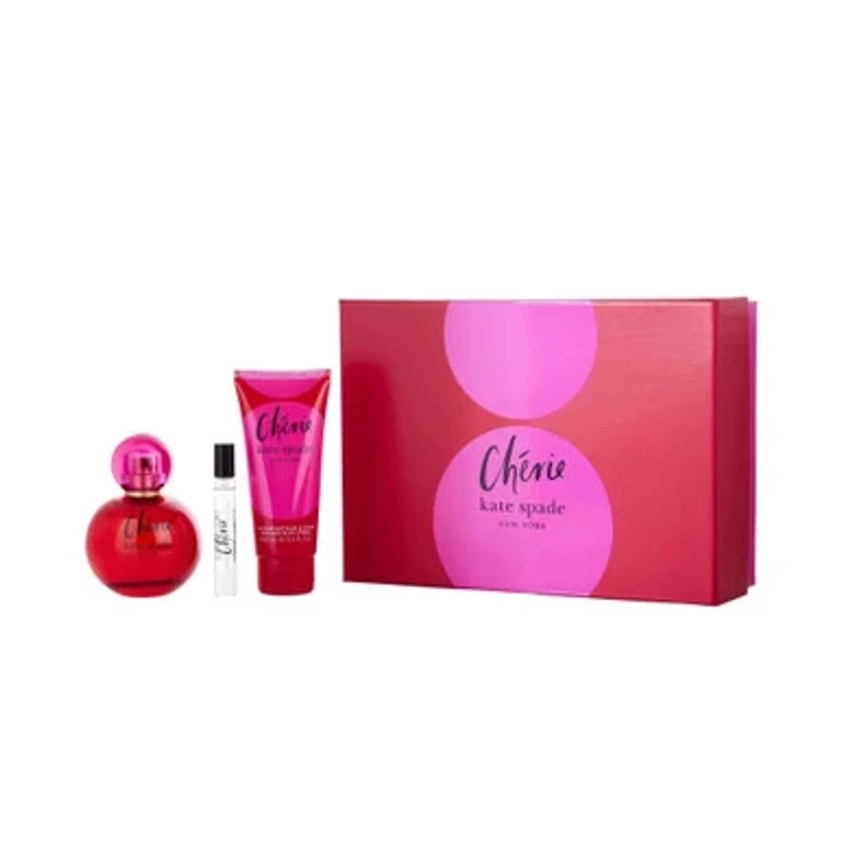 Cherie 3 Pcs Set for Women: 3.3 Eau De Parfum Spray + 3.3 Body Lotion + 0.25 Eau De Parfum Spray.