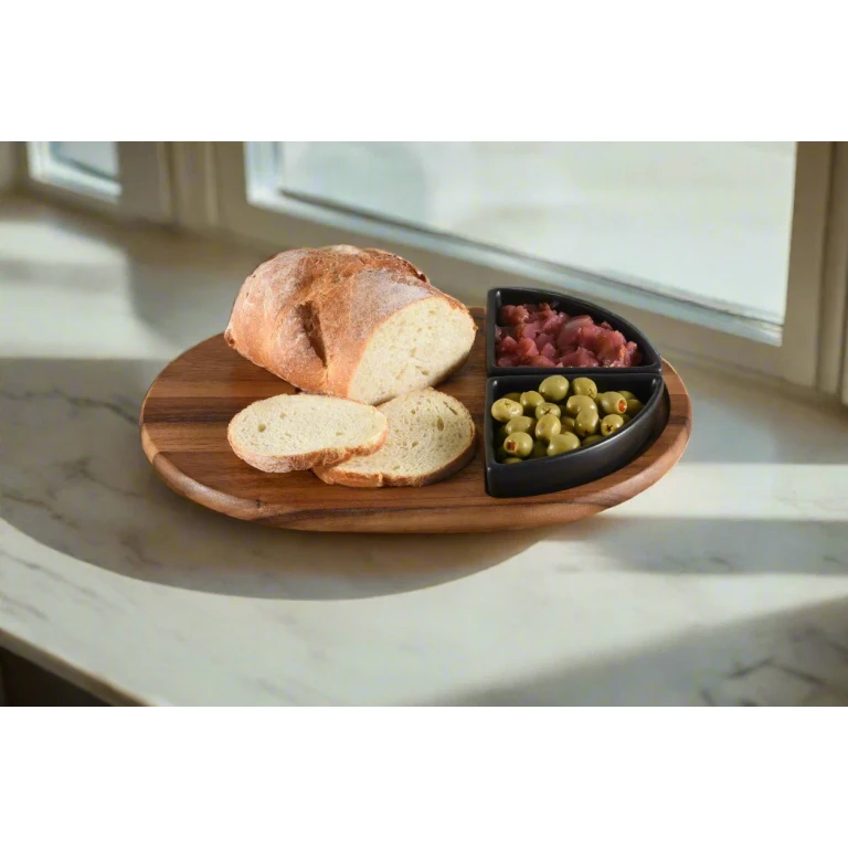 Acacia Wood Charcuterie / Serving Tray with 2 Triangular Ceramic Bowls