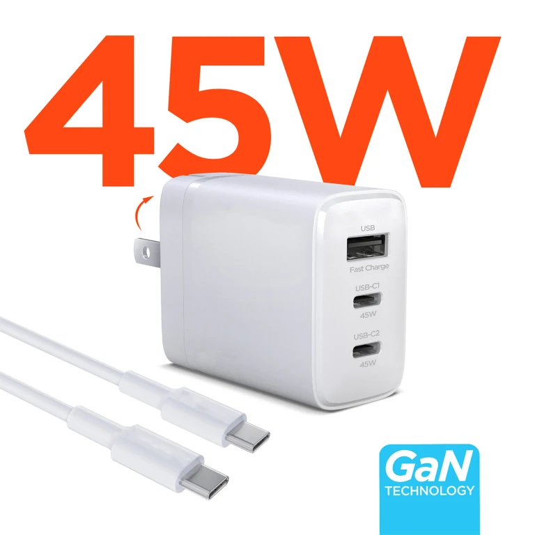45W Tri-Port GaN Fast Wall Charger with 6ft USB-C Cable Dual USB-C PD/PPS Charger