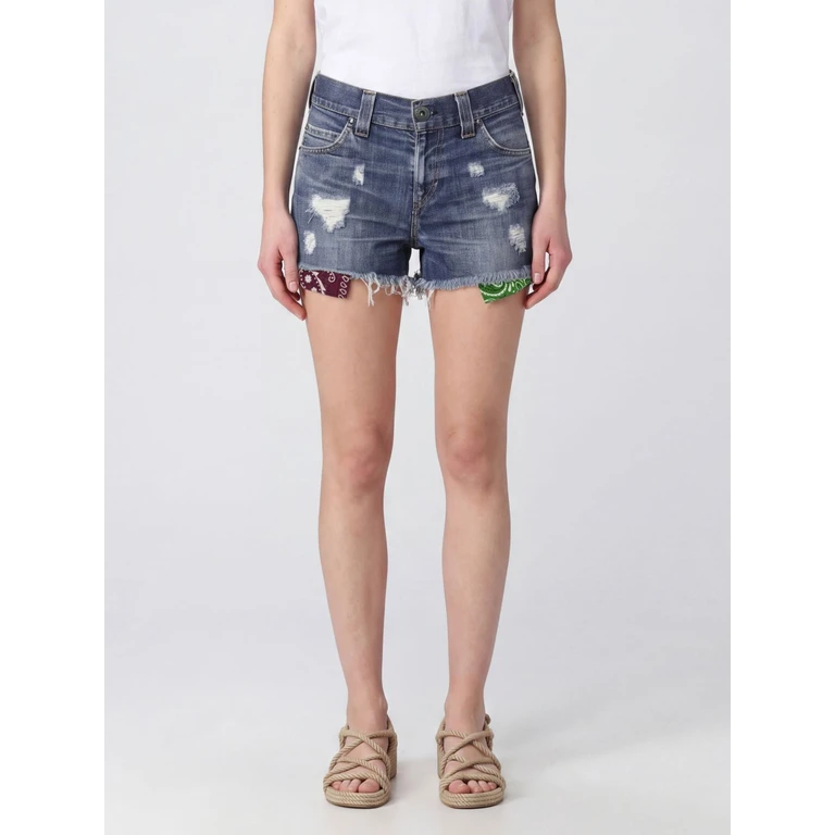 High-Waisted Studded Denim Shorts with Frayed Hem (26SHTPA009BORD/GREEN)