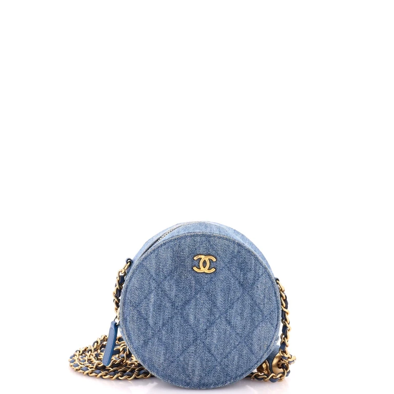 Pearl Crush Round Clutch with Chain Quilted Denim