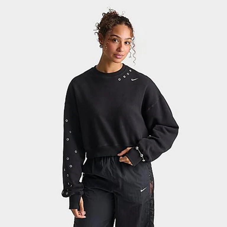 Women's Studio Fleece Medium Weight Grommet Oversized Cropped Crewneck Sweatshirt in Total Black/Sail Size: XS