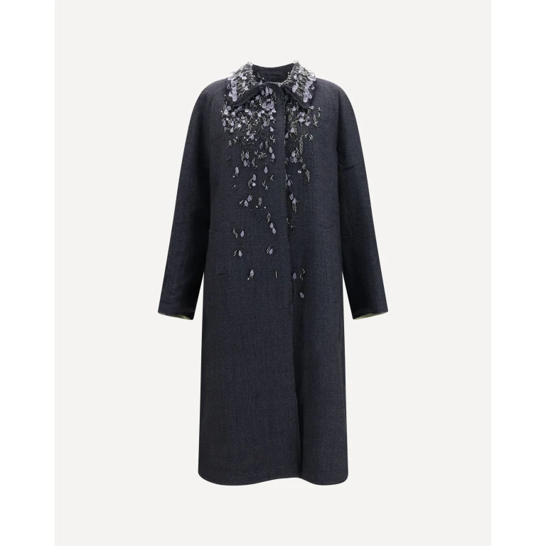 Single-breasted mouliné Prince of Wales and embroidered twill Coat Female 42