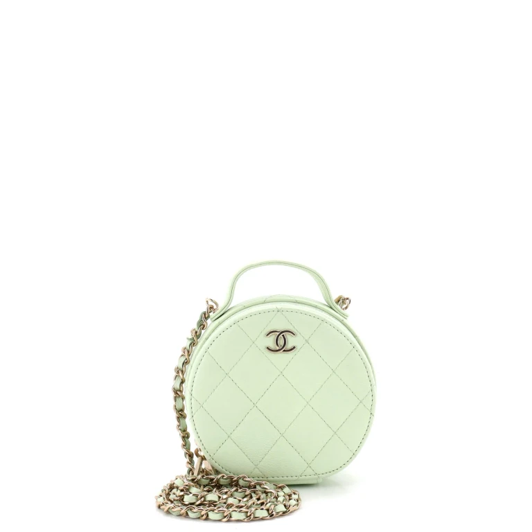 Handle with Care Round Vanity Case with Chain Quilted Caviar Small