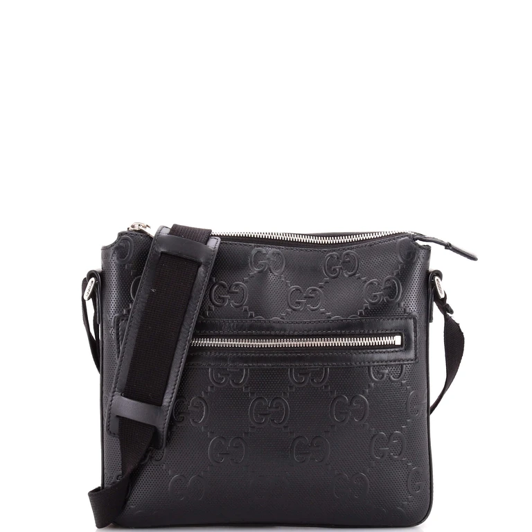 Front Zip Messenger GG Embossed Perforated Leather Small