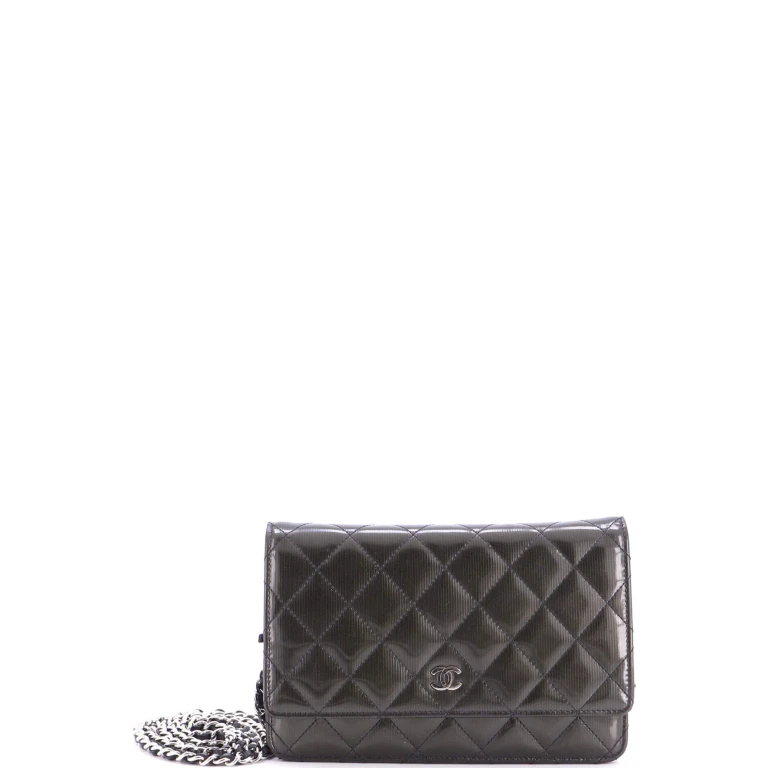 Wallet on Chain Quilted Striated Metallic Patent