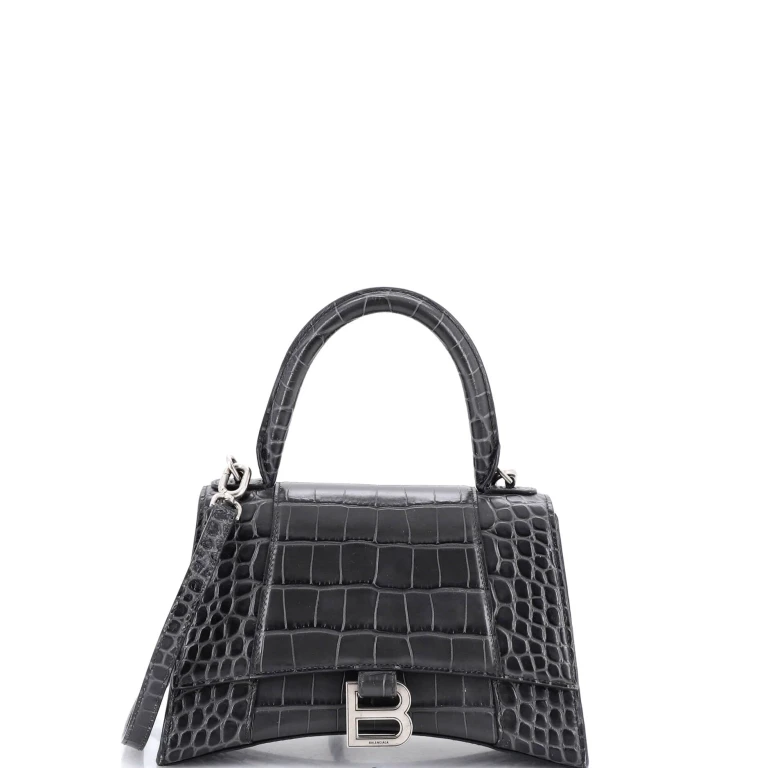Hourglass Top Handle Bag Crocodile Embossed Leather Small