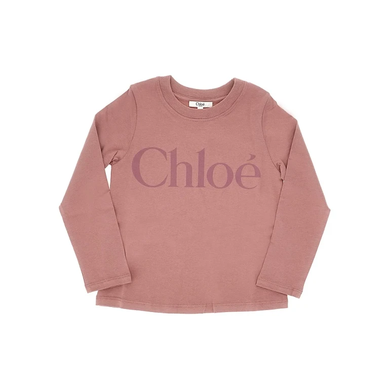 CHLOÉ Long-Sleeved Crewneck Cotton T-shirt for Girls with Logo Print (C2129931F)
