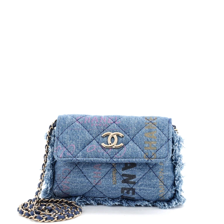 Denim Mood Flap Clutch with Chain Logo Printed Quilted Fringe Denim