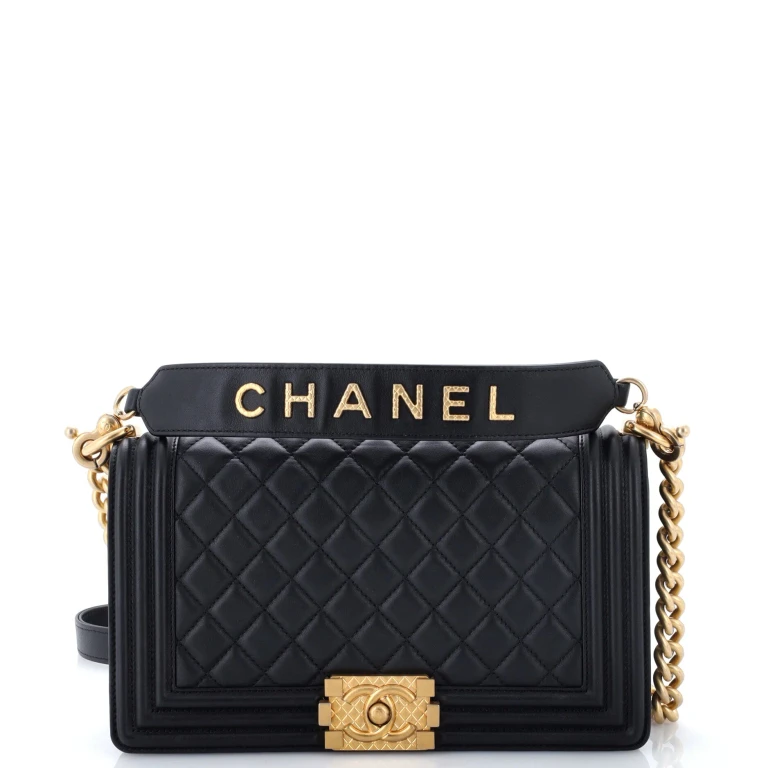 Logo Top Handle Boy Flap Bag Quilted Calfskin Old Medium