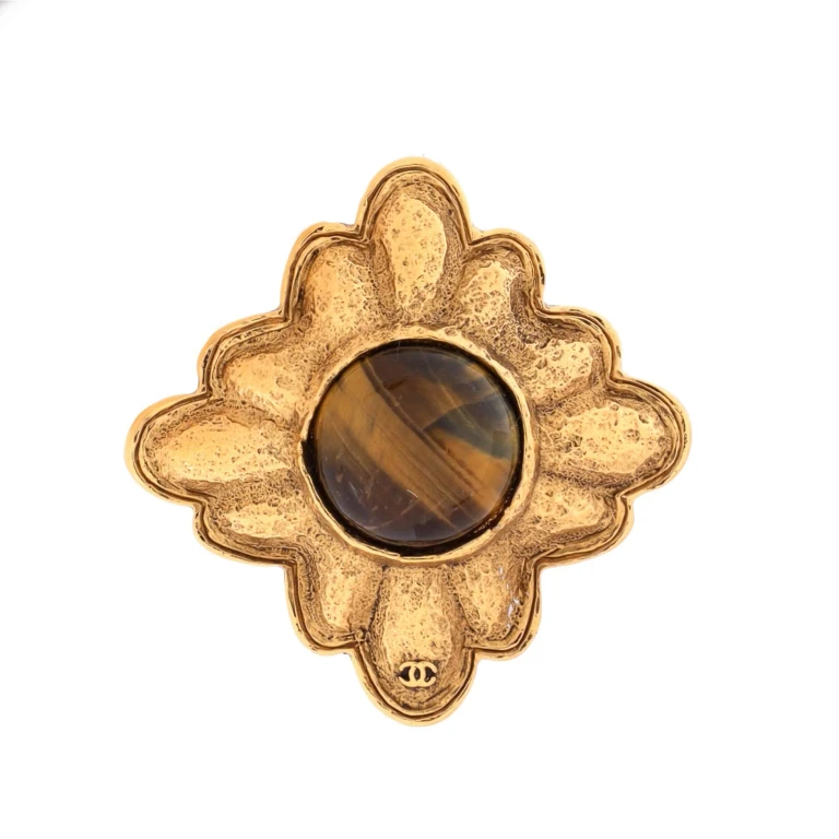 Vintage Baroque Brooch Metal with Tiger's Eye