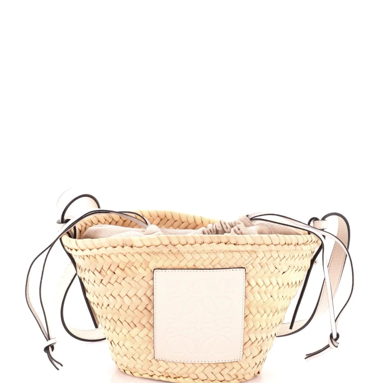 Drawstring Bucket Crossbody Bag Raffia and Leather