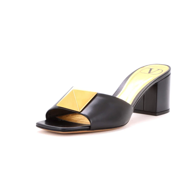 Women's One Stud Block Heeled Mules Leather