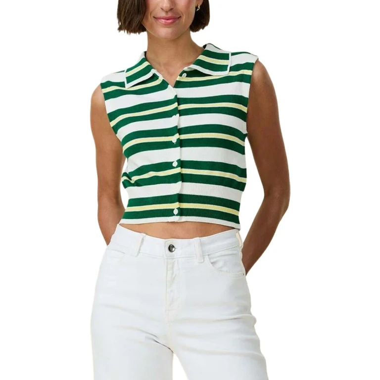 Striped Knit Collared Button up Cashmere-Blend Tank