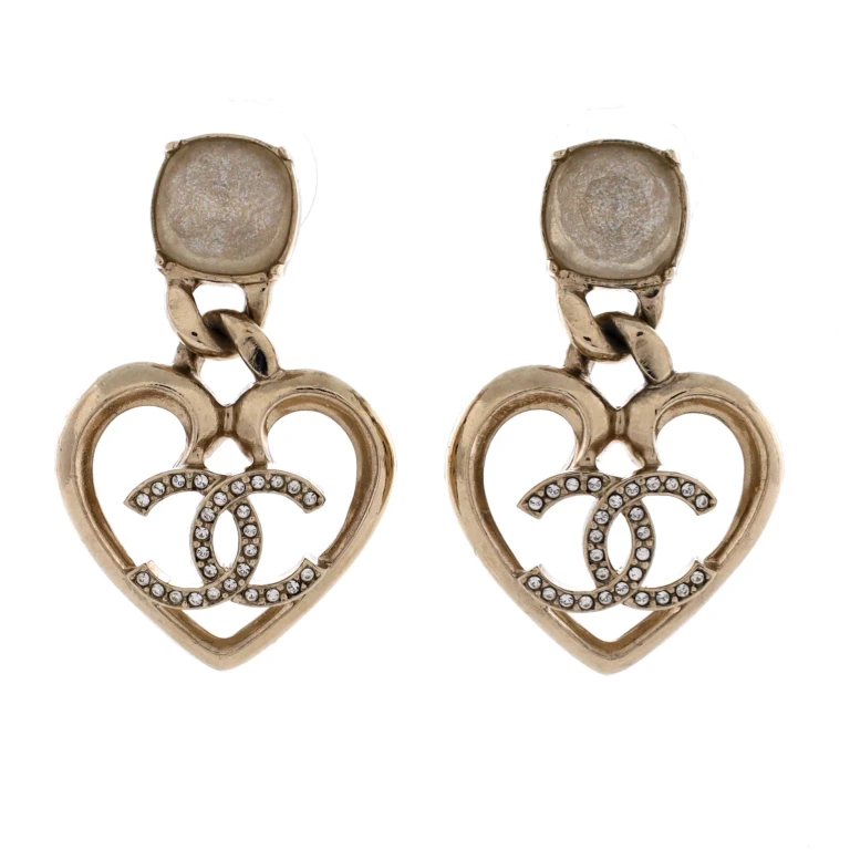 CC Dangle Heart Earrings Metal with Crystal and Glass Pearl