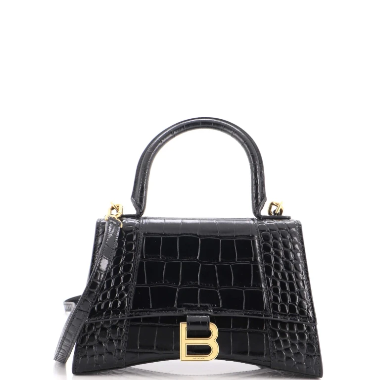 Hourglass Top Handle Bag Crocodile Embossed Leather Small