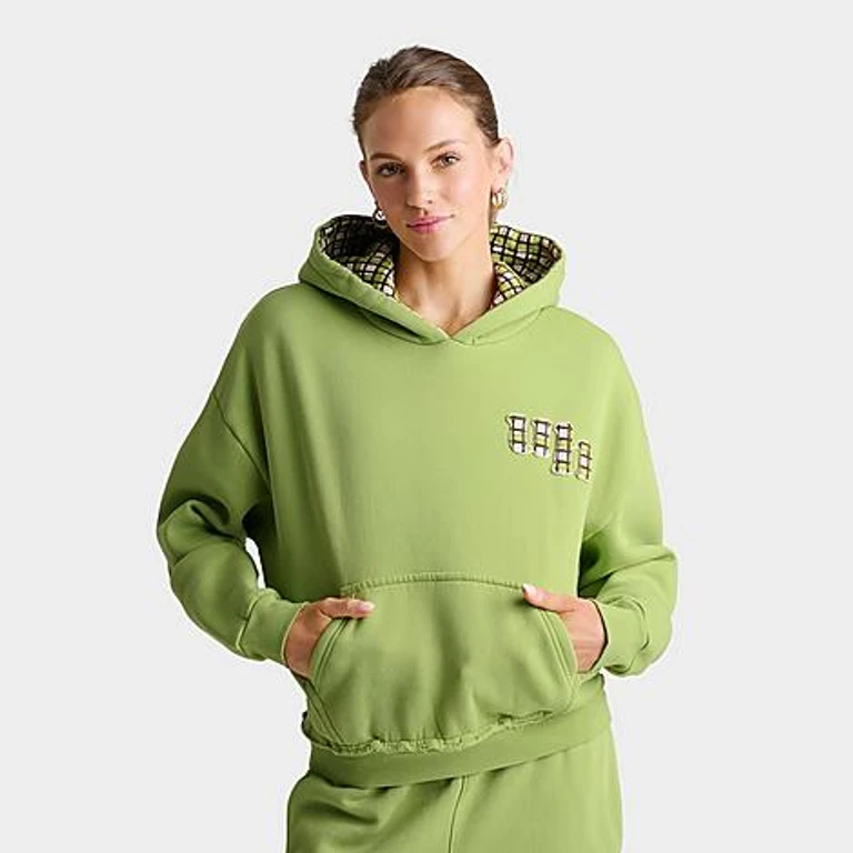 Unlike Humans Women's Washed Check Pullover Hoodie in Matcha Green Size: XS