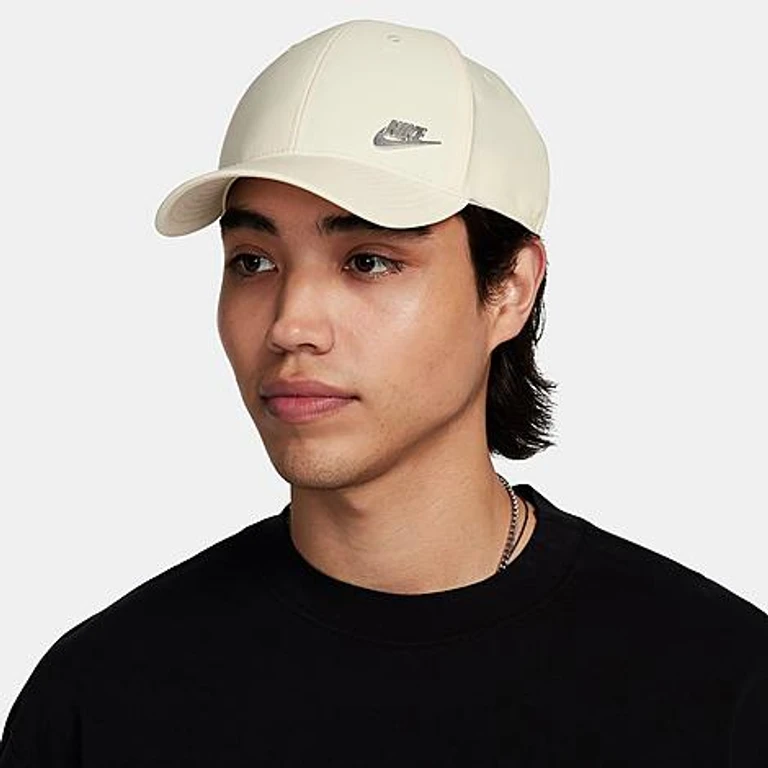 Dri-FIT Club Structured Metal Logo Strapback Hat in Coconut Milk/Metallic Silver Size: M-L