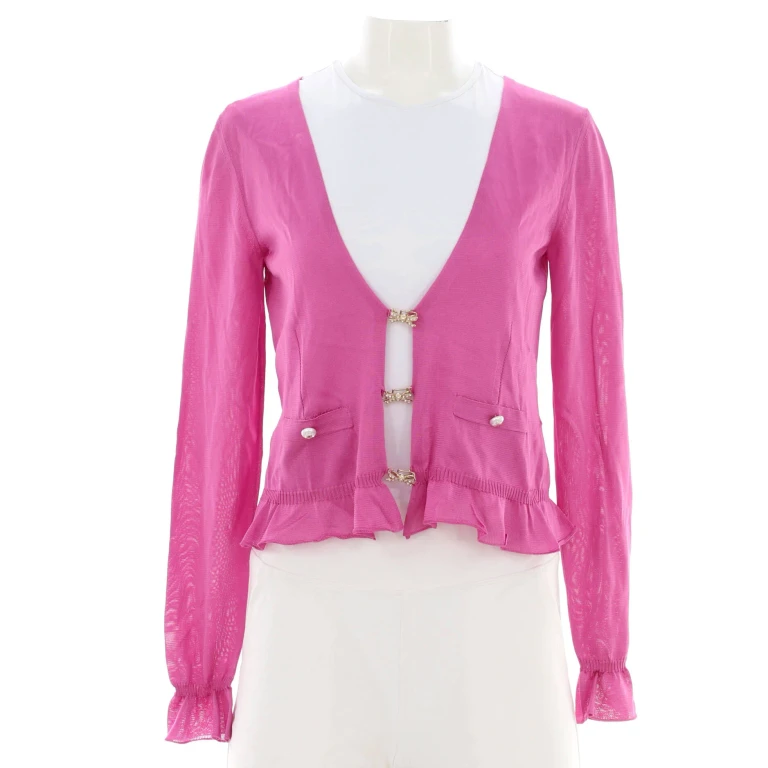 Women's Embellished Button Up Ruffle Cardigan Silk