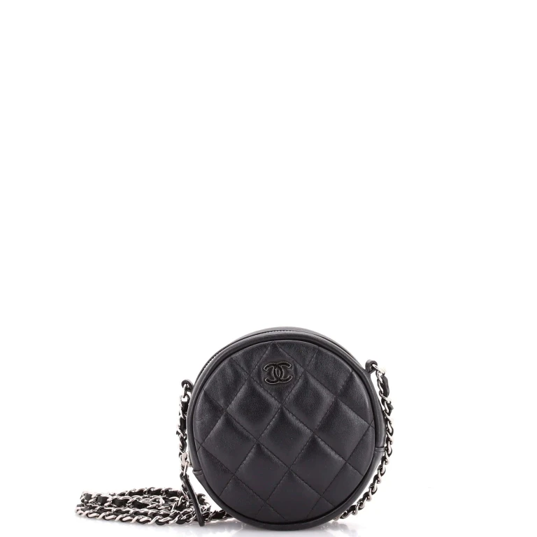 Round Clutch with Chain Quilted Lambskin Mini