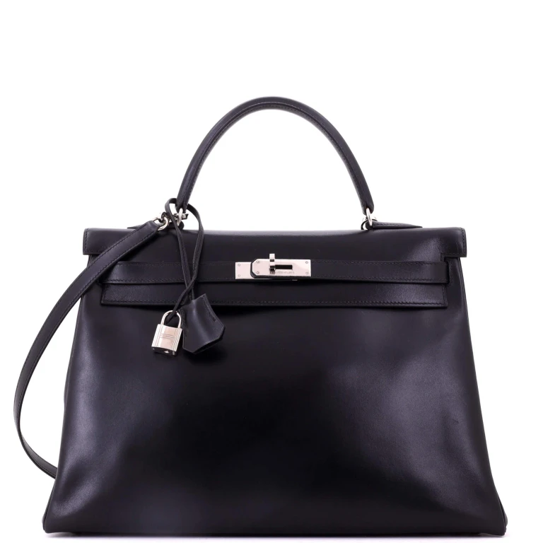 Kelly Handbag Noir Box Calf with Palladium Hardware 35