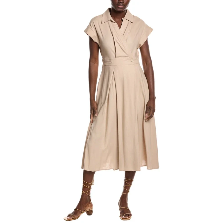 Banded Waist Linen-Blend Midi Wrap Dress