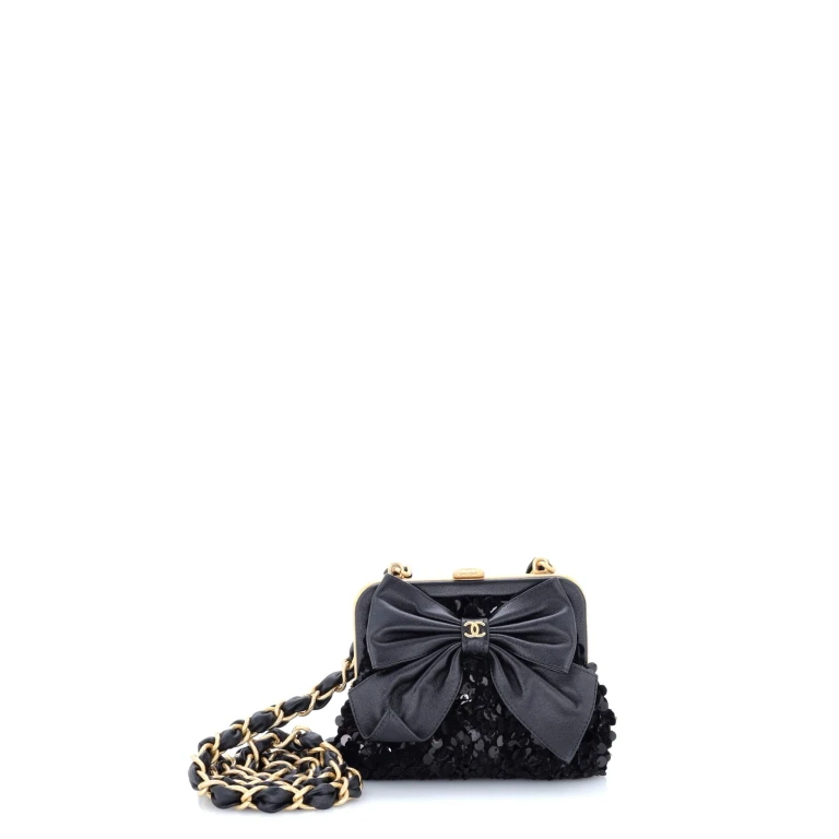 Bow Frame Clutch With Chain Sequin Embellished Tweed with Leather Mini