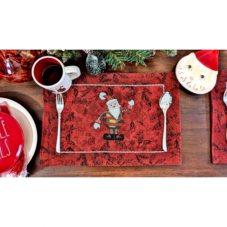Tache Here Comes Santa Claus Vintage Holiday Woven Tapestry Red Christmas Placemat Set of 4 (8577PM)