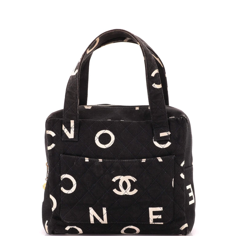 Vintage Coco Logo Zip Around Handle Bag Quilted Printed Canvas Small