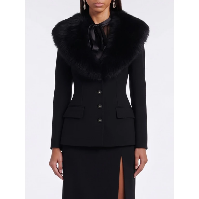 Slim Fit Short Virgin Wool Coat with Fur Collar (F27JGTFUBG1N0000)
