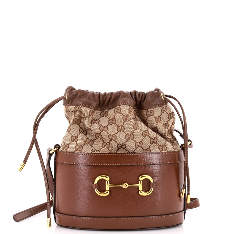 Horsebit 1955 Bucket Crossbody Bag Leather and GG Canvas Small