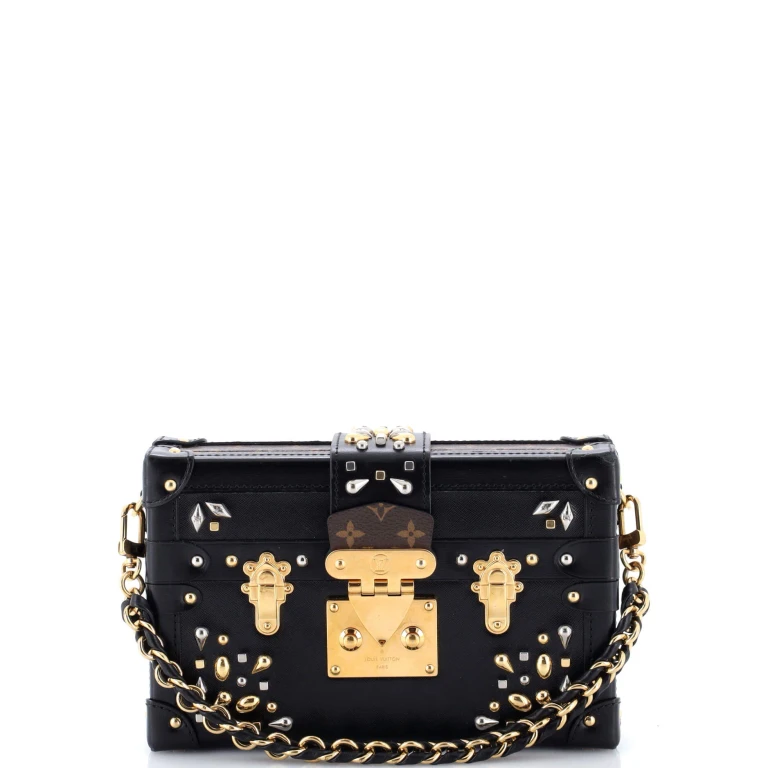 Petite Malle Handbag Studded Taiga Leather and Monogram Canvas
