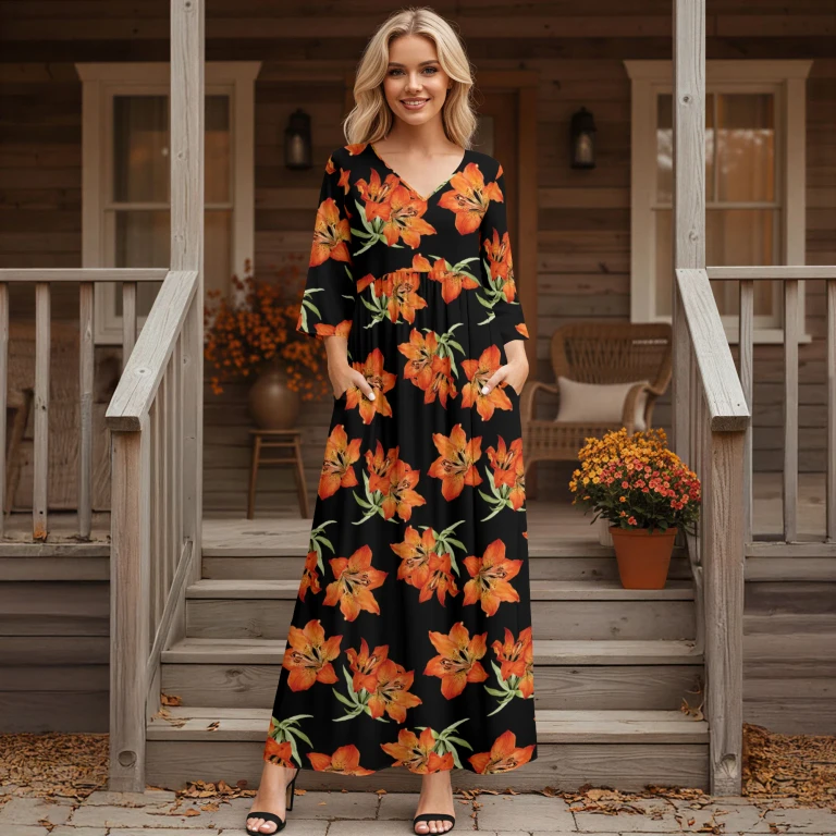 Black and Orange Floral Three Quarter Sleeve V-neck Maxi Dress with Pockets by Bon Apple Tea