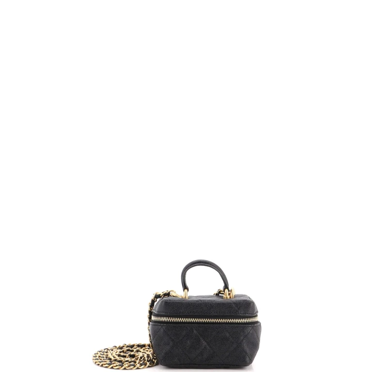 Top Handle Zip Around Vanity Case with Chain Quilted Caviar Mini