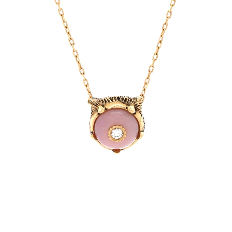 Le Marche Des Merveilles Feline Head Pendant Necklace 18k Yellow Gold with Pink Opal and Diamond