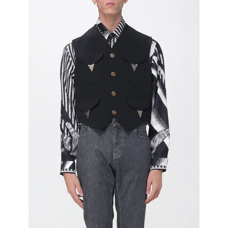 Virgin Wool Tailored Waistcoat with V-Neck and Metallic Buttons (10257691A183051B000)