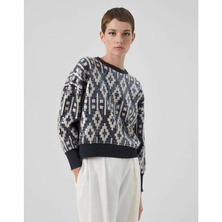 Women's Black Stone Wool Silk Jacquard Sweater