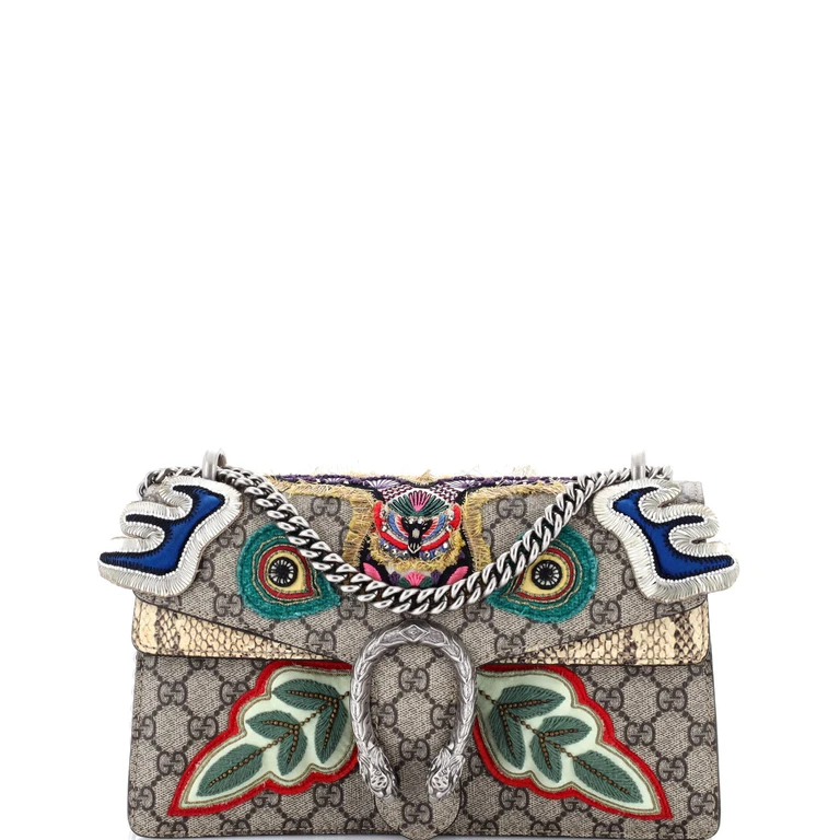 Dionysus Bag Embroidered GG Coated Canvas with Python Small
