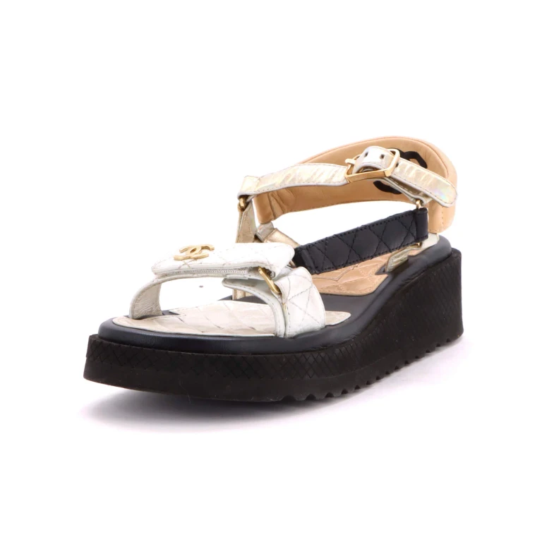 Women's CC Logo Strappy Slingback Platform Sandals Quilted Leather