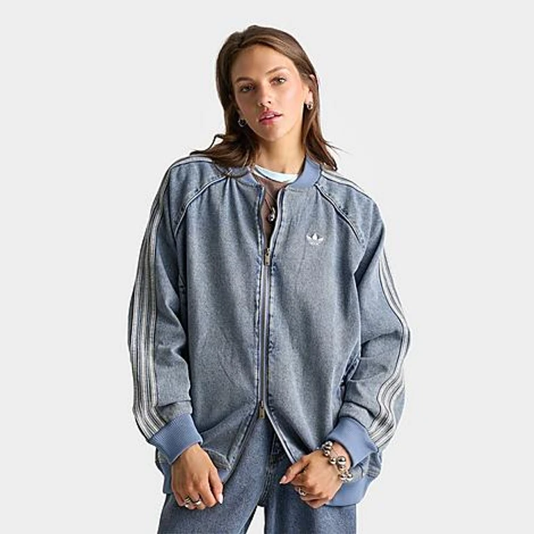 Women's Originals SST Oversized Denim Full-Zip Track Top in Worn Blue Denim Size: XS