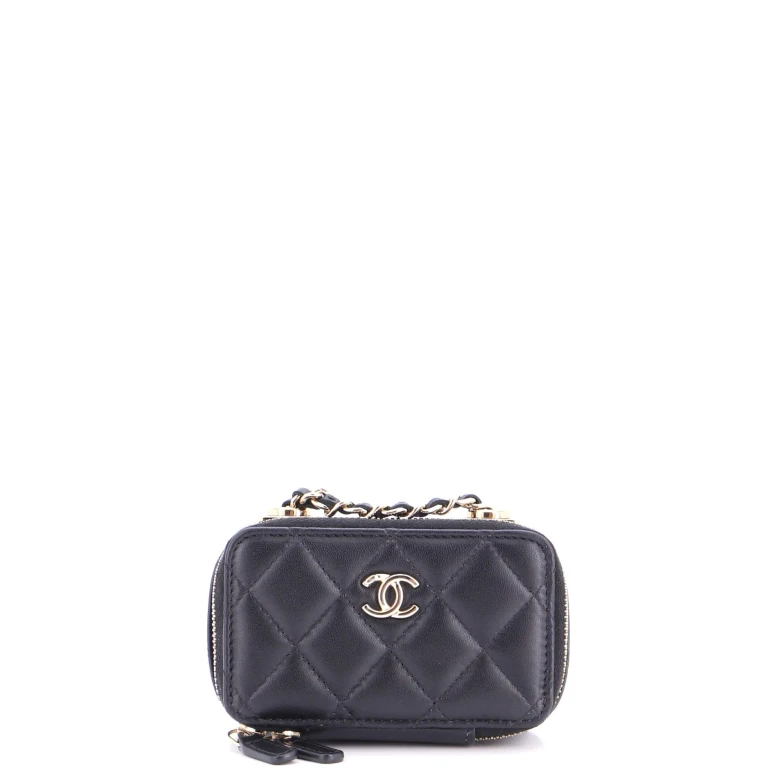 CC Chain Handle Zip Around Vanity Case with Chain Quilted Lambskin Mini