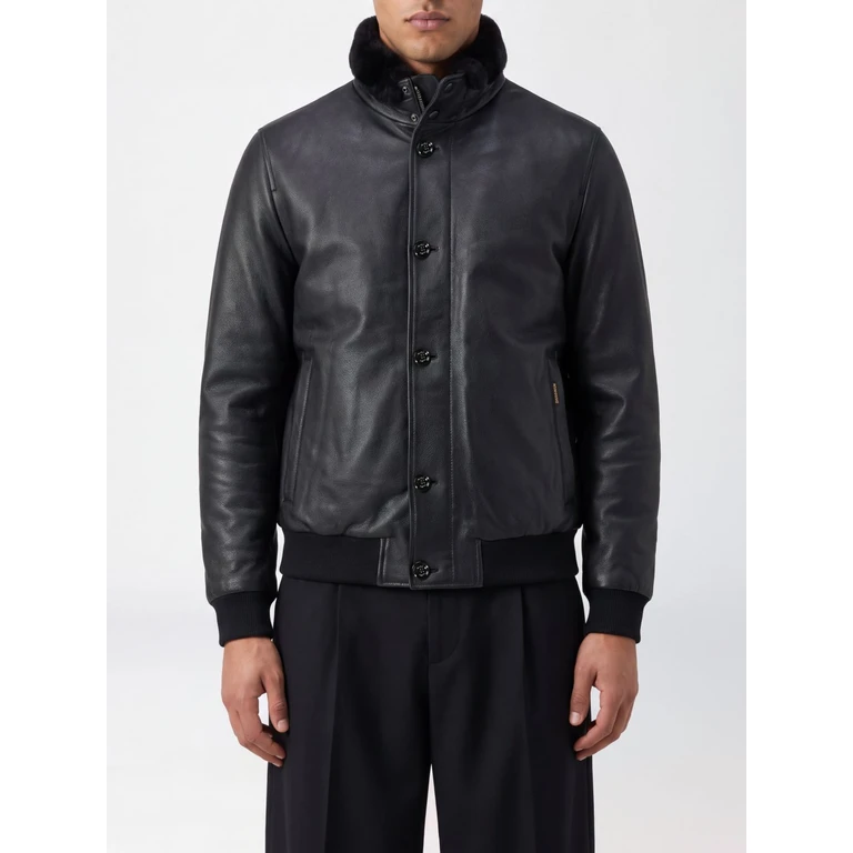 Goose Down Padded Leather Bomber Jacket with Fur High Collar (MOUBO100178U0001)