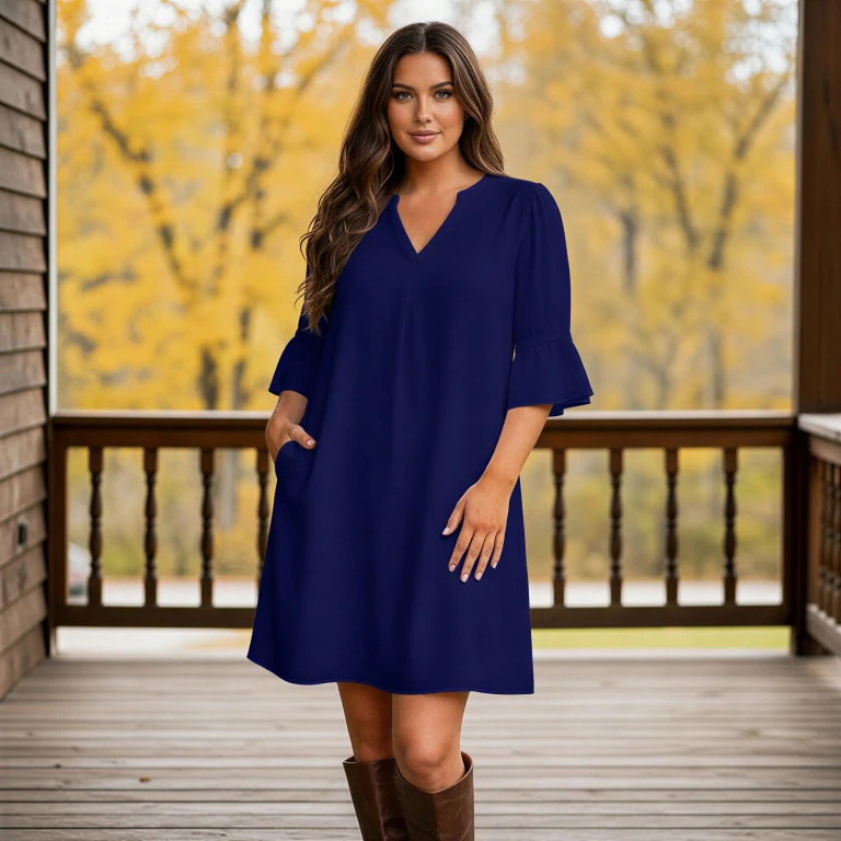 Navy Notch Neck Three Quarter Sleeve Ruffle Cuff Shift Dress with Pockets by Bon Apple Tea