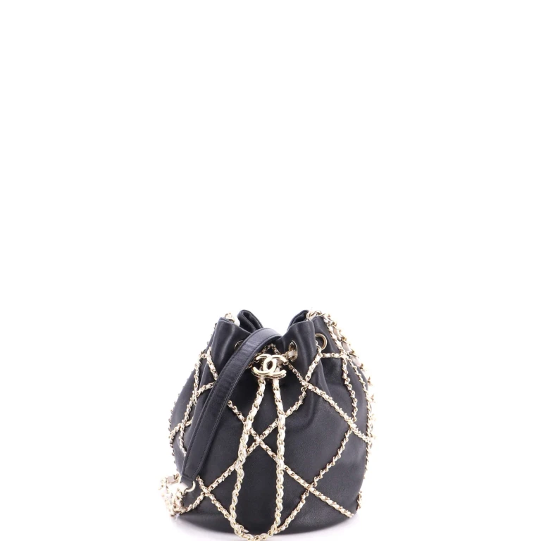 Entwined Chain Drawstring Bucket Bag Quilted Lambskin Mini