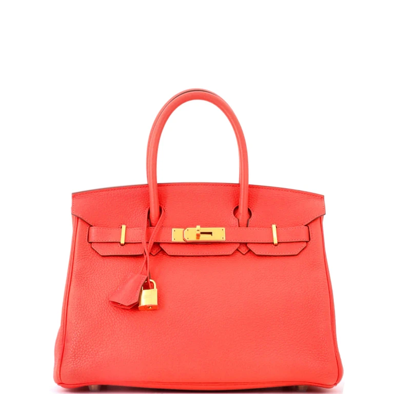 Birkin Handbag Rouge Pivoine Clemence with Gold Hardware 30