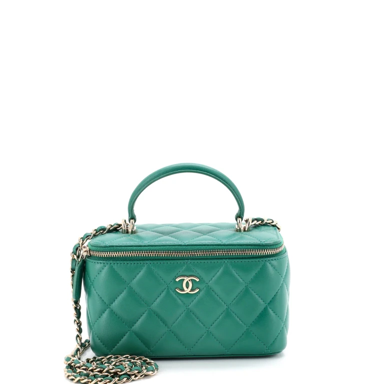 Classic Top Handle Vanity Case with Chain Quilted Lambskin Small