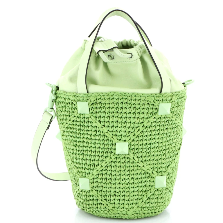 Roman Stud Bucket Bag Raffia and Leather