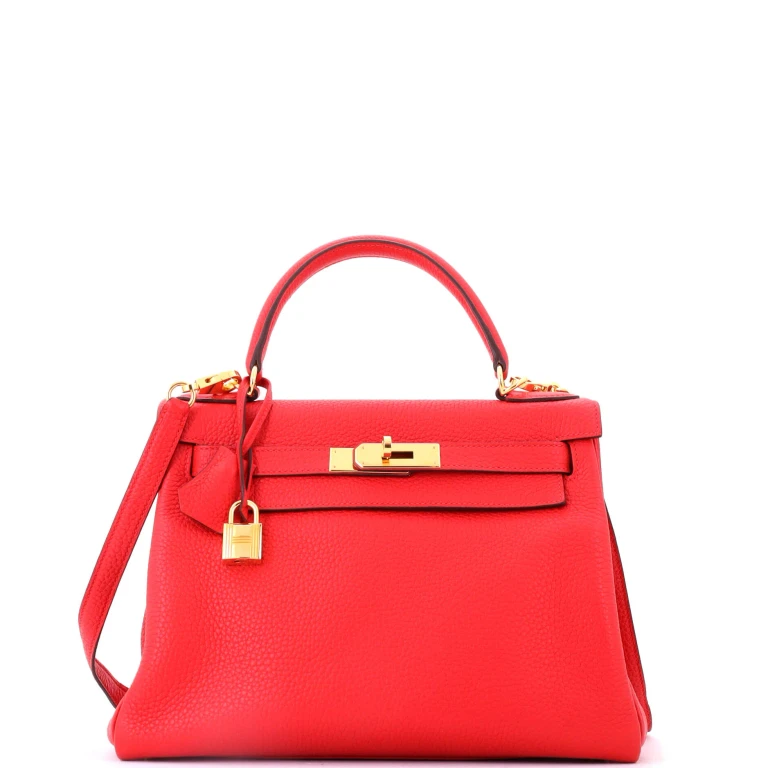 Kelly Handbag Rouge Tomate Clemence with Gold Hardware 28