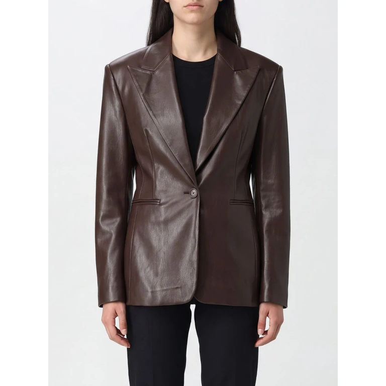 Single-Breasted Cropped Faux Leather Blazer with Peak Lapels (T203018ATNP152DARKBROWN)