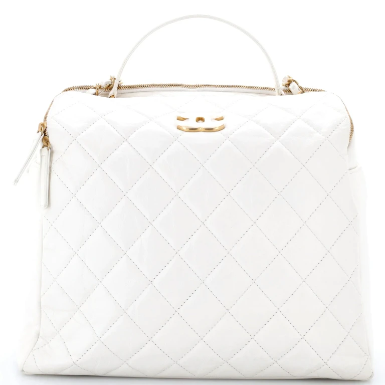 CC Double Zip Top Handle Bowler Bag Quilted Aged Calfskin Large